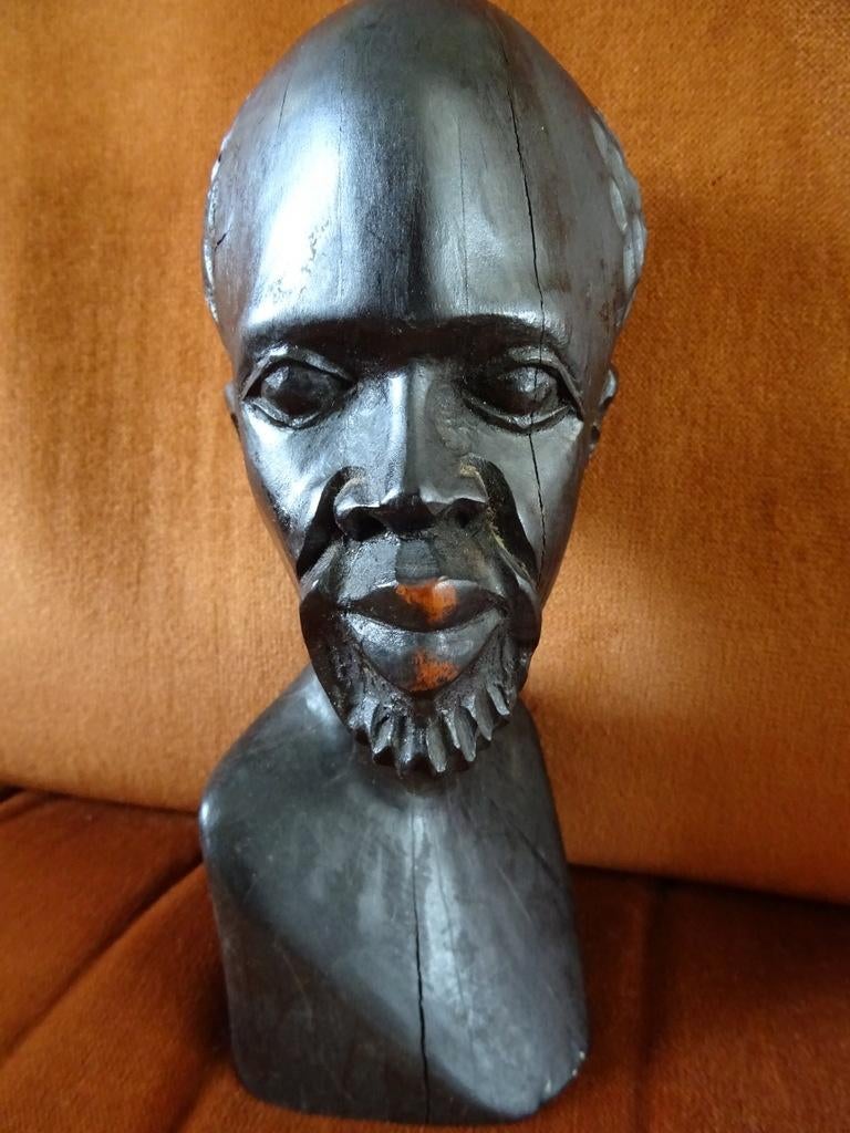 Curiosa Afrikaans ebbenhouten beeld borstbeeld man 21cm 1960, Antiek en Kunst, Ophalen of Verzenden
