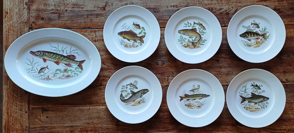 6 vintage borden en 1 ovalen bord met vismotief, Antiek en Kunst, Antiek | Servies compleet, Ophalen
