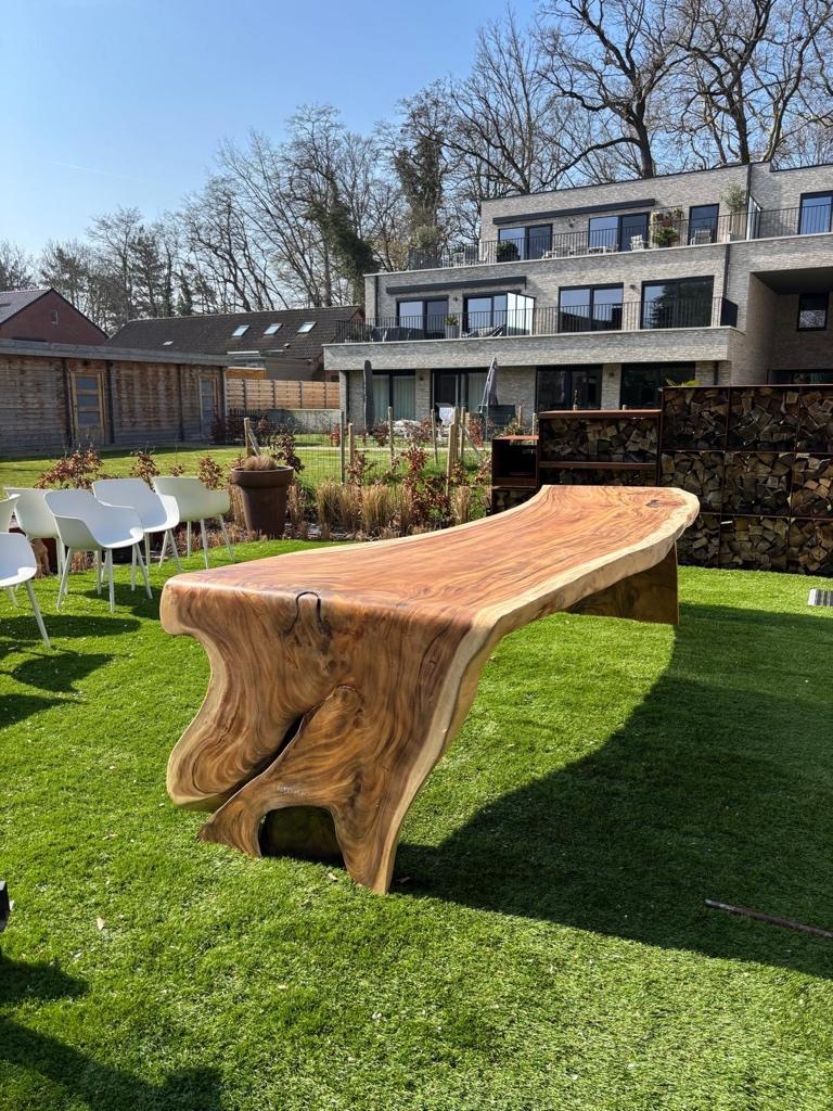 Mooi boomstamtafel voor buiten - tropisch hout, Tuin en Terras, Vierkant, Ophalen of Verzenden, Boomstaamtafel vof, Gentstraat 75, 9700 Oudenaarde