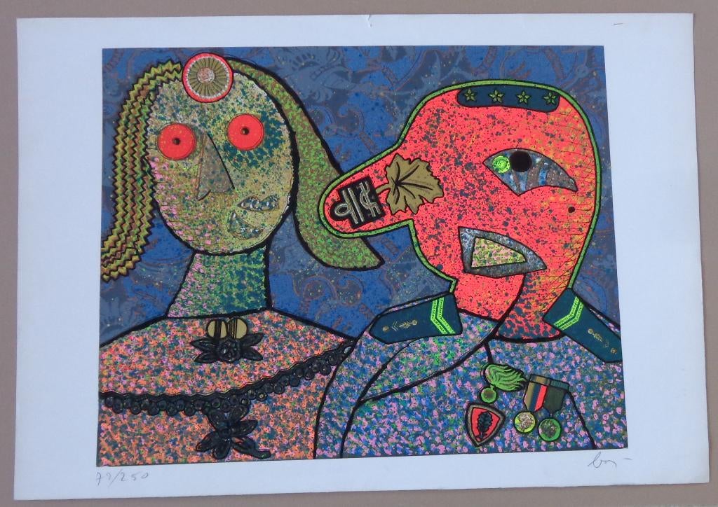 ENRICO BAJ / GENERAAL AMIN DADA / MIXED MEDIA / 70x100cm SIG, Ophalen of Verzenden