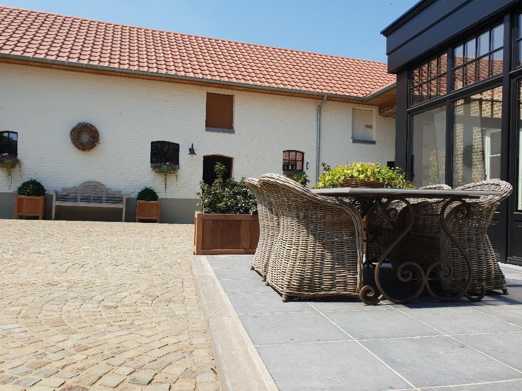 Unieke tuintafel met gietijzeren voet en blauwe steen tablet, Tuin en Terras, Ophalen, Gebruikt