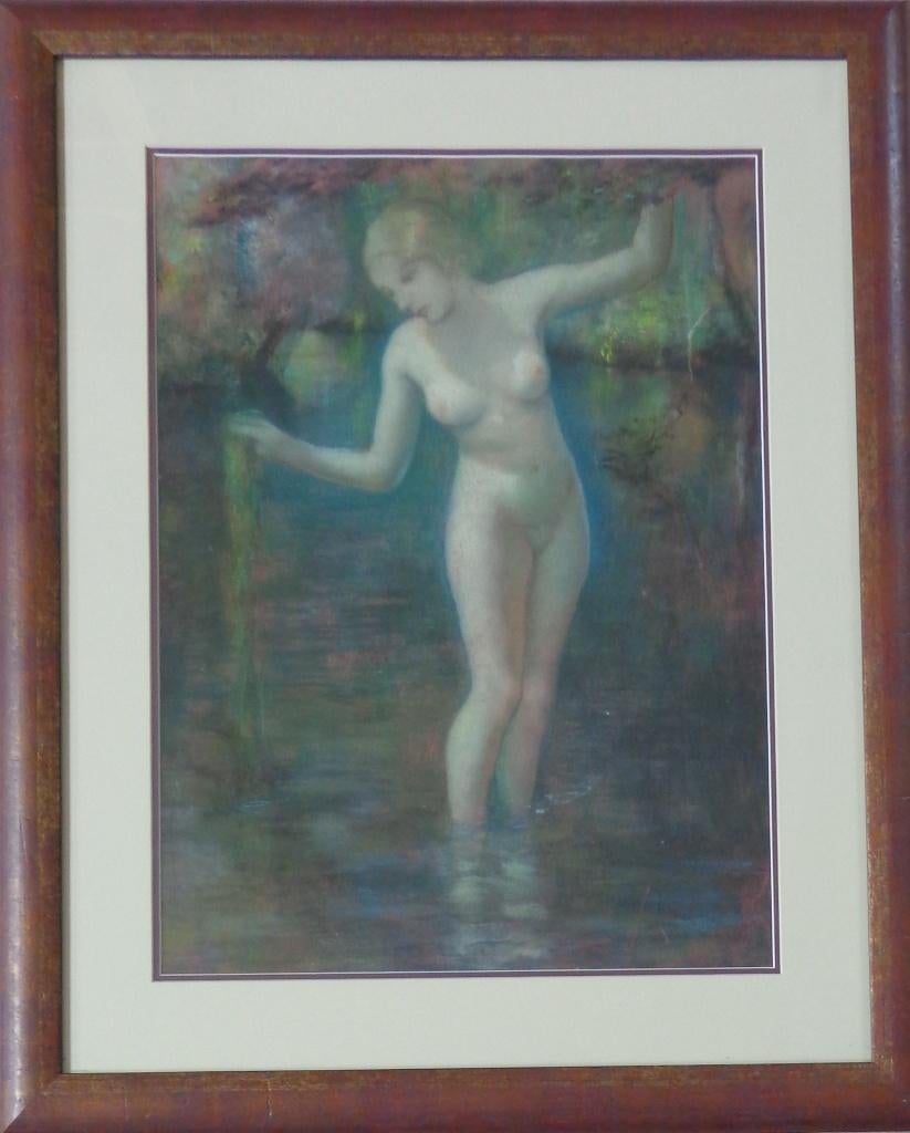 ONBEKEND / BADENDE NAAKTE VROUW / ORIGINEEL / 84x68cm KADER, Antiquités & Art, Enlèvement