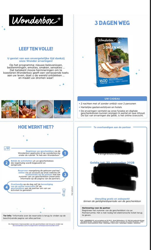 Cadeaubon wonderbox 3d weg voor 2p twv 159€, Tickets en Kaartjes, Kortingen en Cadeaubonnen, Twee personen, Cadeaubon, Arrangement