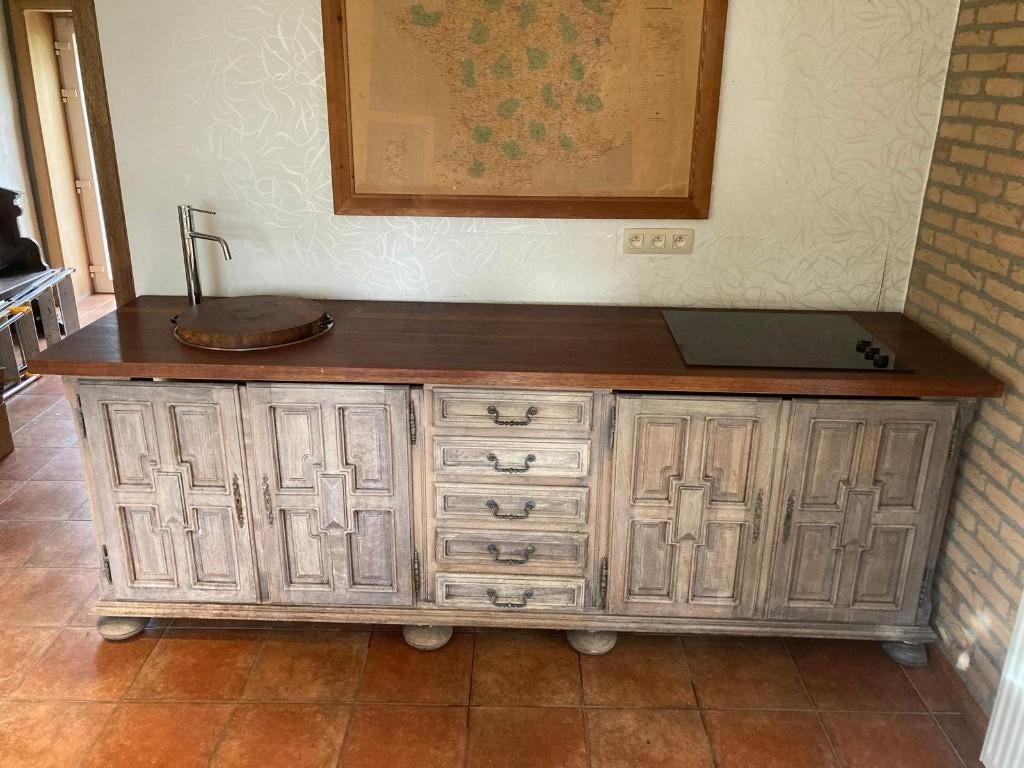 Mooi dik massief werkblad met spoelbak en kookplaat, Ophalen, Gebruikt, Met deur(en), Landelijk