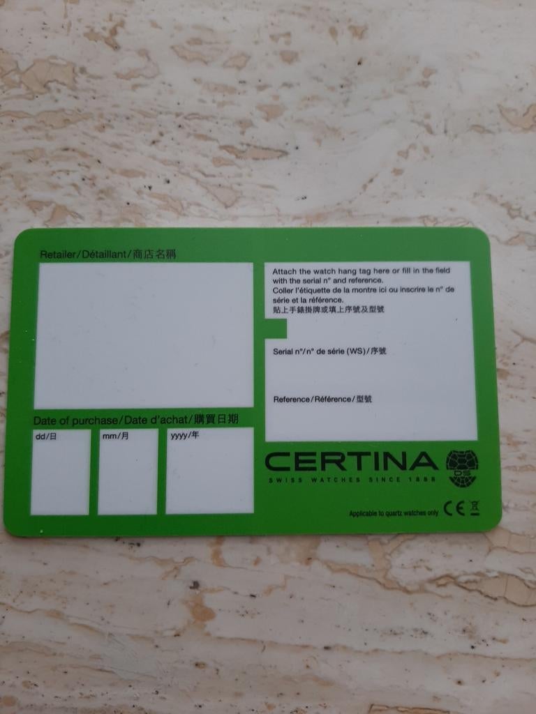 CERTINA Virgin garantiekaart, Ophalen of Verzenden