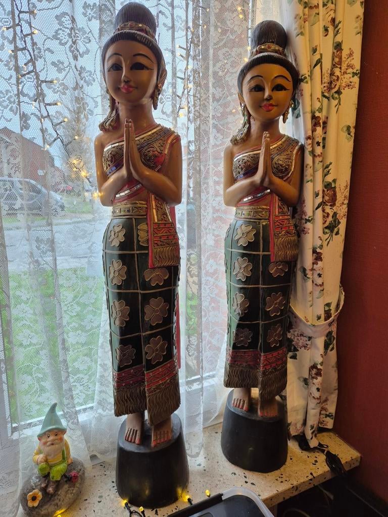 Sawasdee beelden., Antiquités & Art, Art | Sculptures & Bois, Sur socle, Bois, 1 mètre - 2 mètres, Asie