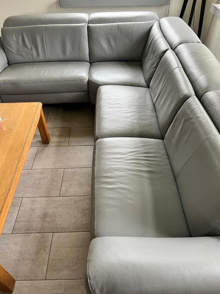 Comfortabele grijze lederen hoeksalon- goede staat, Huis en Inrichting, Ophalen, Gebruikt, Leer