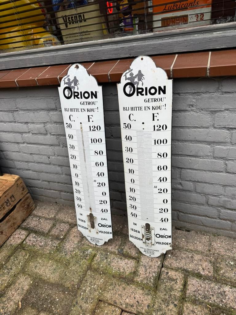 2 x ancien thermomètre publicitaire en émail Orion, Enlèvement ou Envoi, Utilisé, Panneau publicitaire