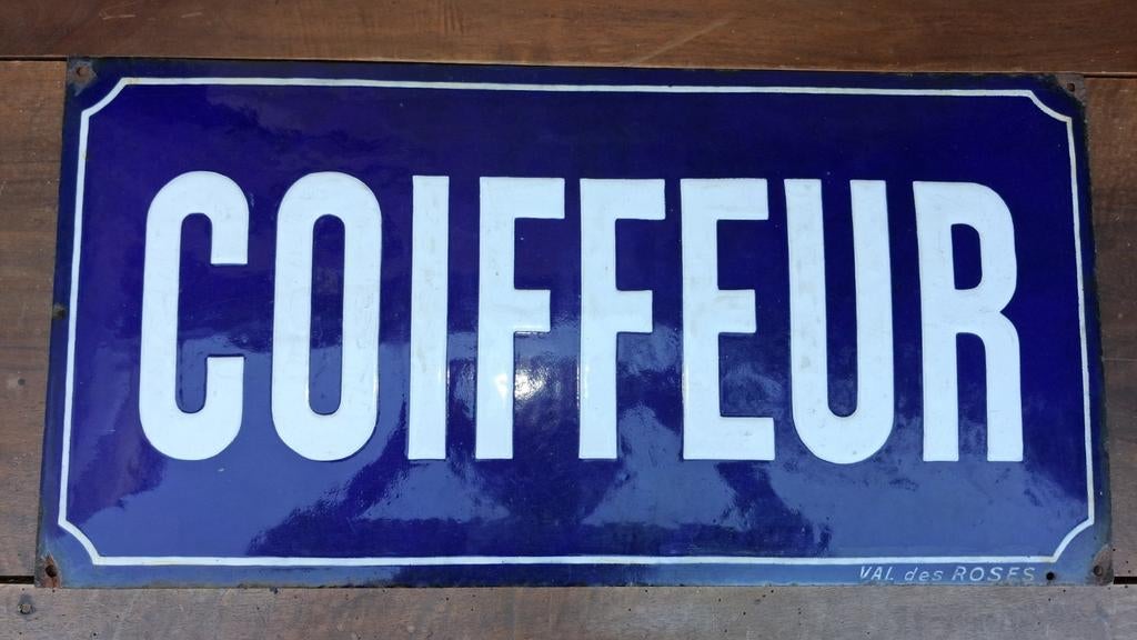 Groot emaille bord COIFFEUR in goede staat., Ophalen of Verzenden