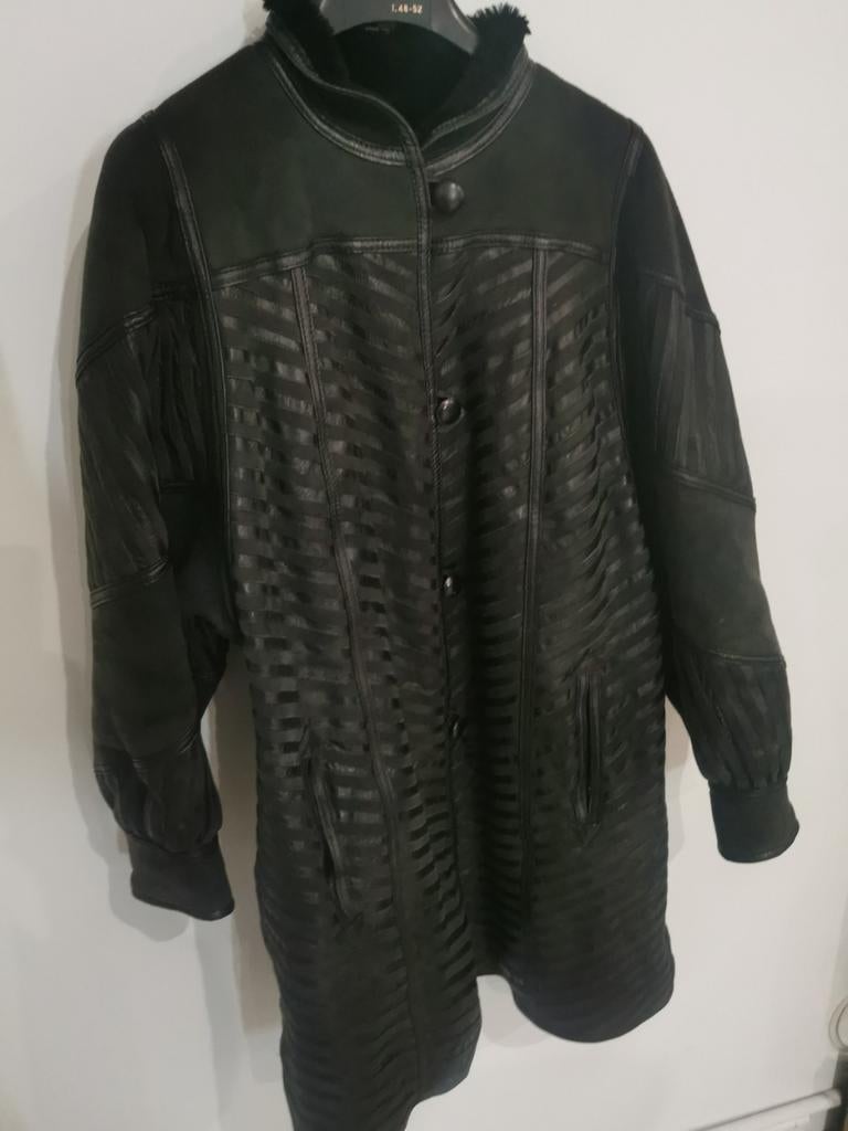 Manteau cuir vintage noir fourré style patchwork taille 50, Kleding | Dames, Jassen | Winter, Zwart, Ophalen of Verzenden