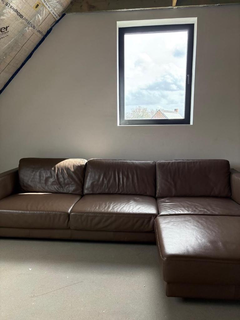 Lederen driezit + éénzit + poef chocoladebruin, Huis en Inrichting, Ophalen, Gebruikt, 300 cm of meer, Rechte bank