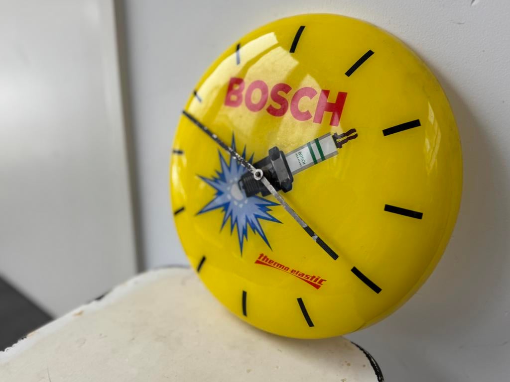 Horloge publicitaire ancienne BOSCH Spark Plug, Collections, Marques & Objets publicitaires, Enlèvement ou Envoi, Utilisé, Panneau publicitaire