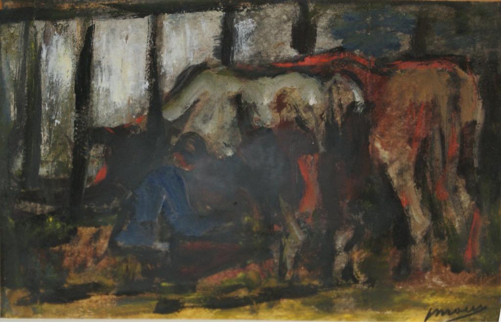 Jozef Mous (1896-1968): Melken van de koeien (42 x 35 cm), Ophalen of Verzenden