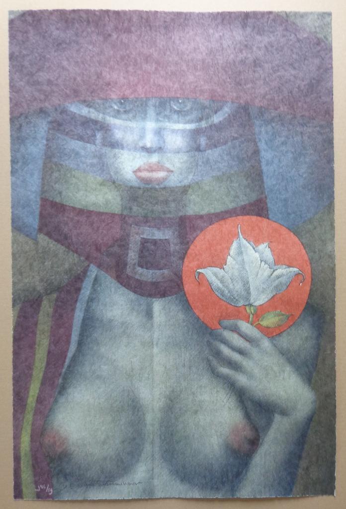 JEF VAN TUERENHOUT / KONINGIN MET BLOEM / ZEEFDRUK / 76x50cm, Antiek en Kunst, Kunst | Litho's en Zeefdrukken, Ophalen of Verzenden