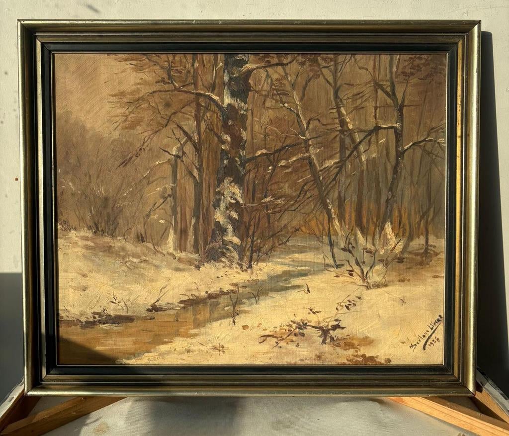 Forêts enneigée signer et dater1954 huile sur toile, Antiquités & Art, Enlèvement