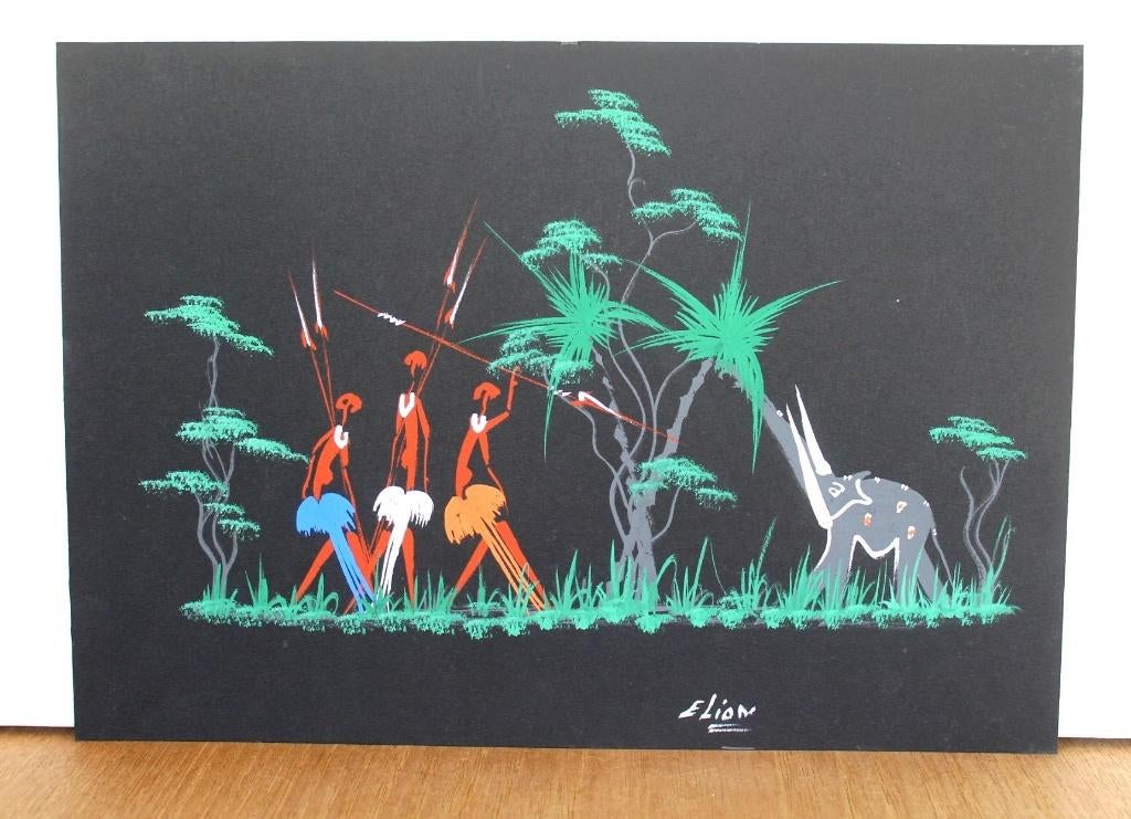 Gouache africaine vintage, Mid Century, par Elion, Enlèvement ou Envoi