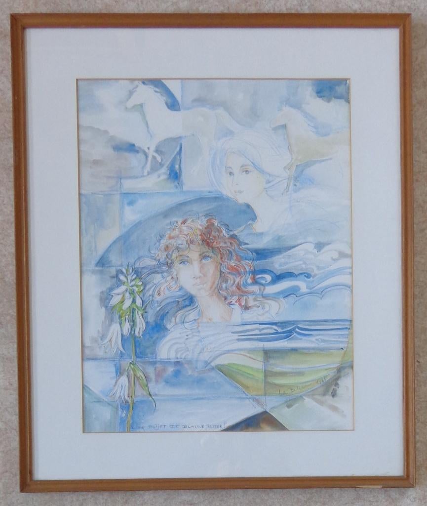 LEA BELIEN / BLAUWE RUITER / ORIGINEEL WERK / 62x52cm KADER, Ophalen of Verzenden