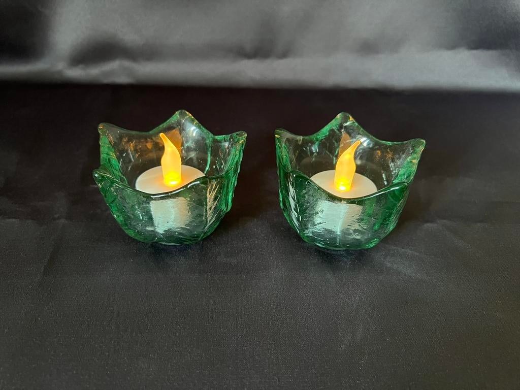 2 bougeoirs en verre moulé – Design feuille, style élégant, Enlèvement, Comme neuf, Vert