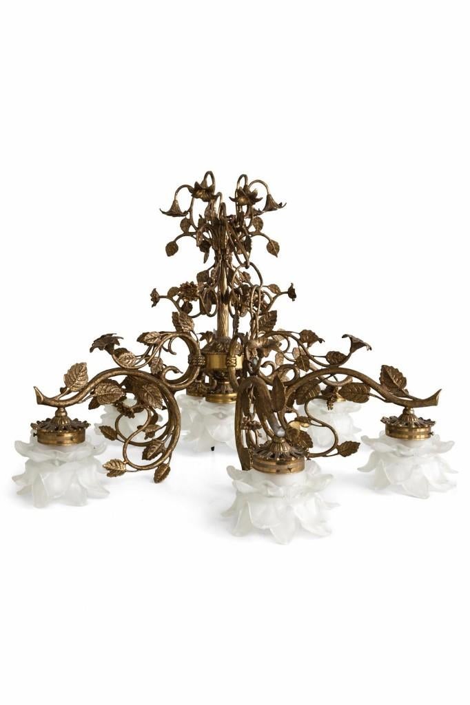 Vintage messing kroonluchter – Art Nouveau/Jugendstil, Huis en Inrichting, Lampen | Kroonluchters, Ophalen, Zo goed als nieuw