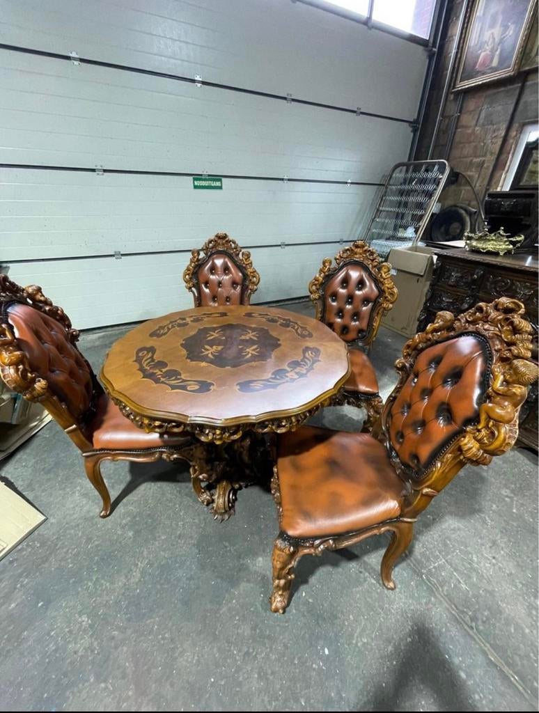 Barok tafel met 4 lederen stoelen, Ophalen