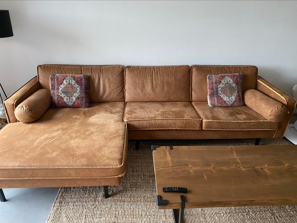 Hoekbank eco leer met lounge cognac, Huis en Inrichting, Ophalen, Zo goed als nieuw