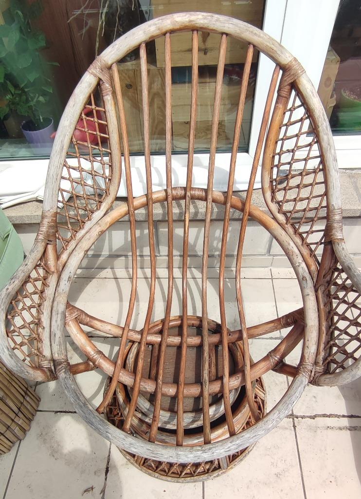Fauteuil ancien relax en bois/rotin/bamboo pivotant 360°, Maison & Meubles, Fauteuils, 75 à 100 cm, Ancien, Enlèvement, Utilisé