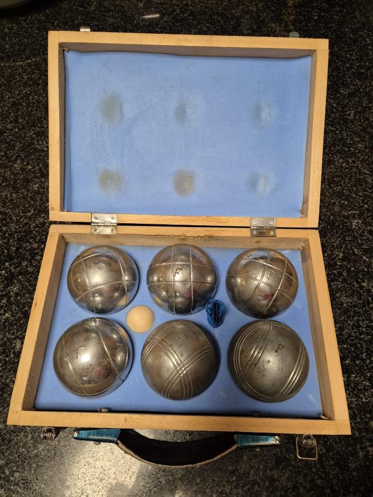 Valisette de 6 Boules de Pétanque + Jauge à cordon - Vintage, Enlèvement, Utilisé, Métal, Autres types