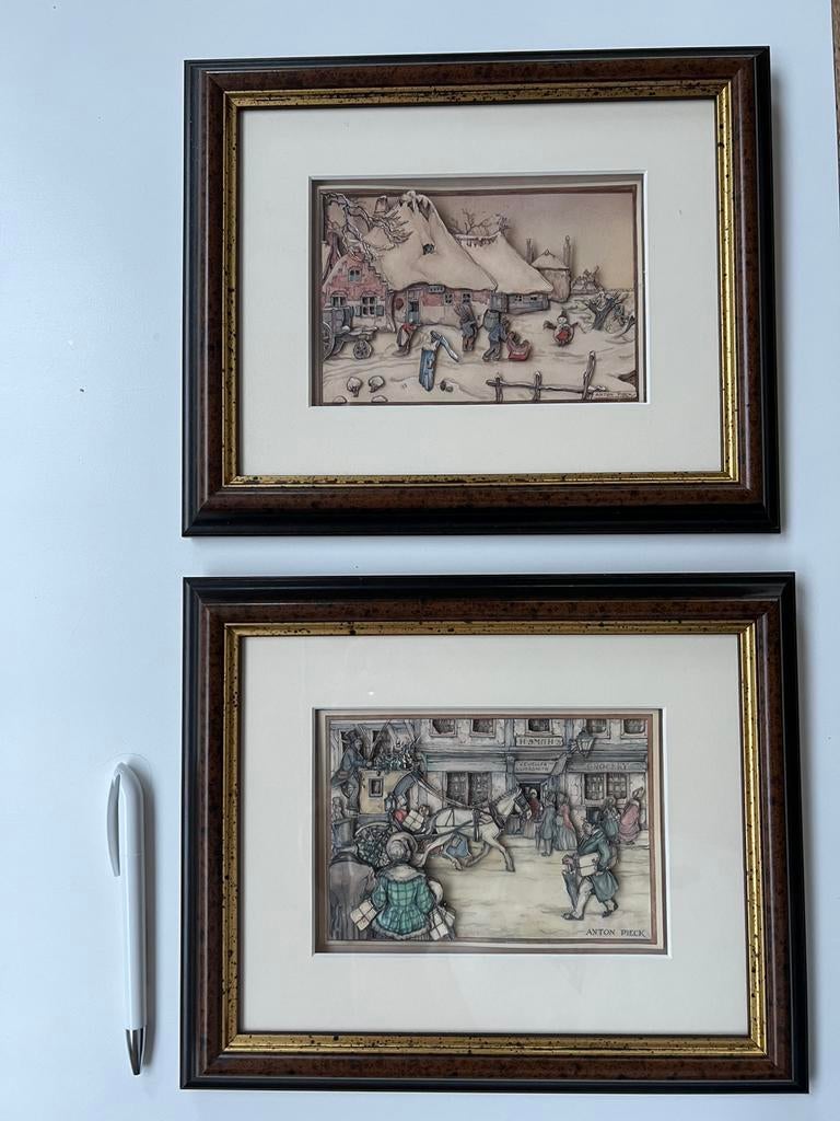 Anton Pieck, 2 kadertjes, in relief geplakt, Antiek en Kunst, Ophalen of Verzenden