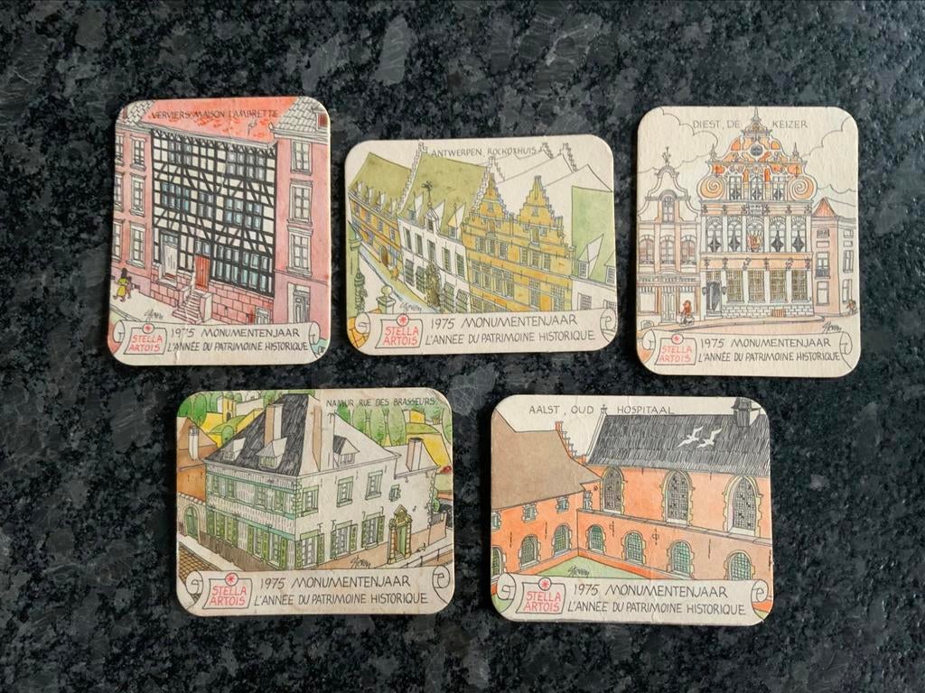Bierkaartjes Stella artois monumentenjaar 1975, Verzamelen, Ophalen of Verzenden, Zo goed als nieuw, Stella Artois