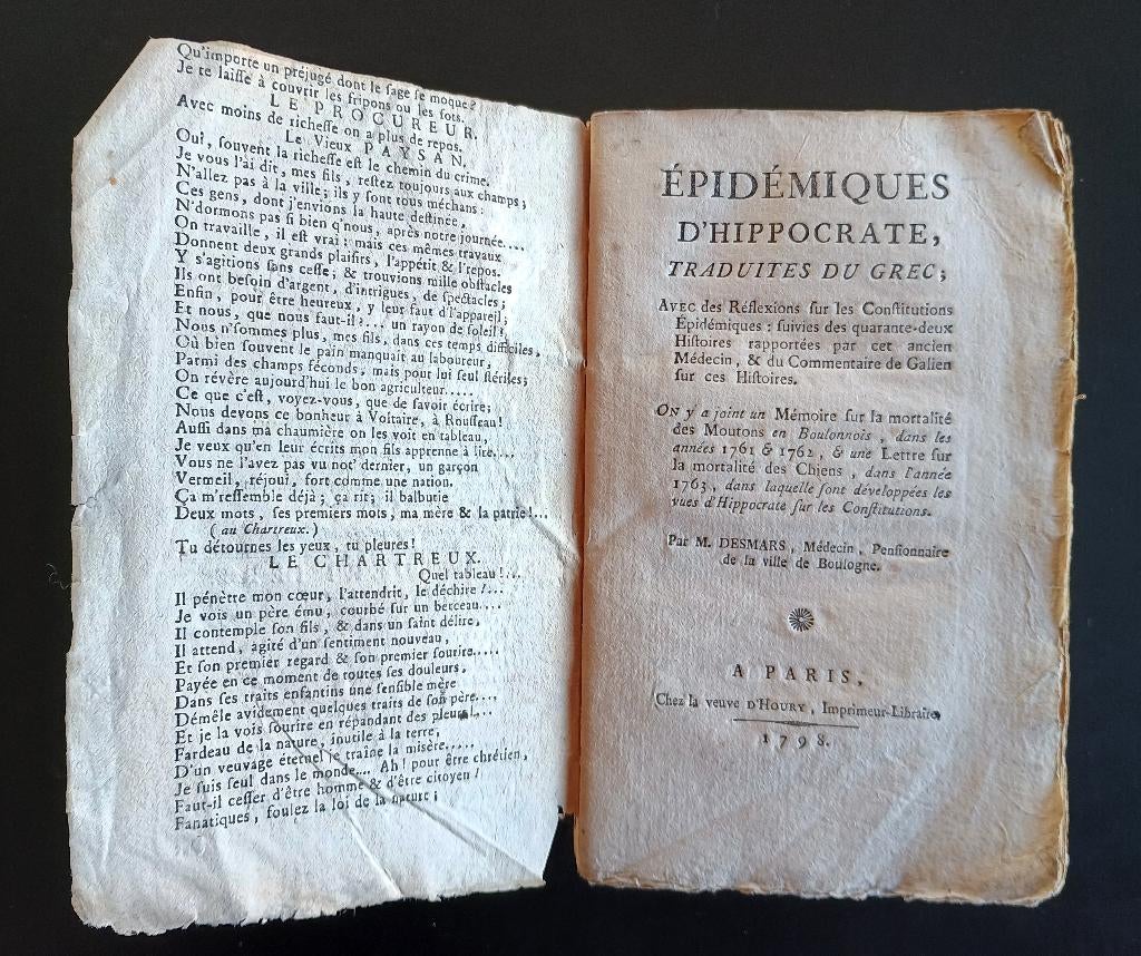 Epidémiques d'Hippocrate,traduites du Grec (DESMARS 1798), Ophalen of Verzenden