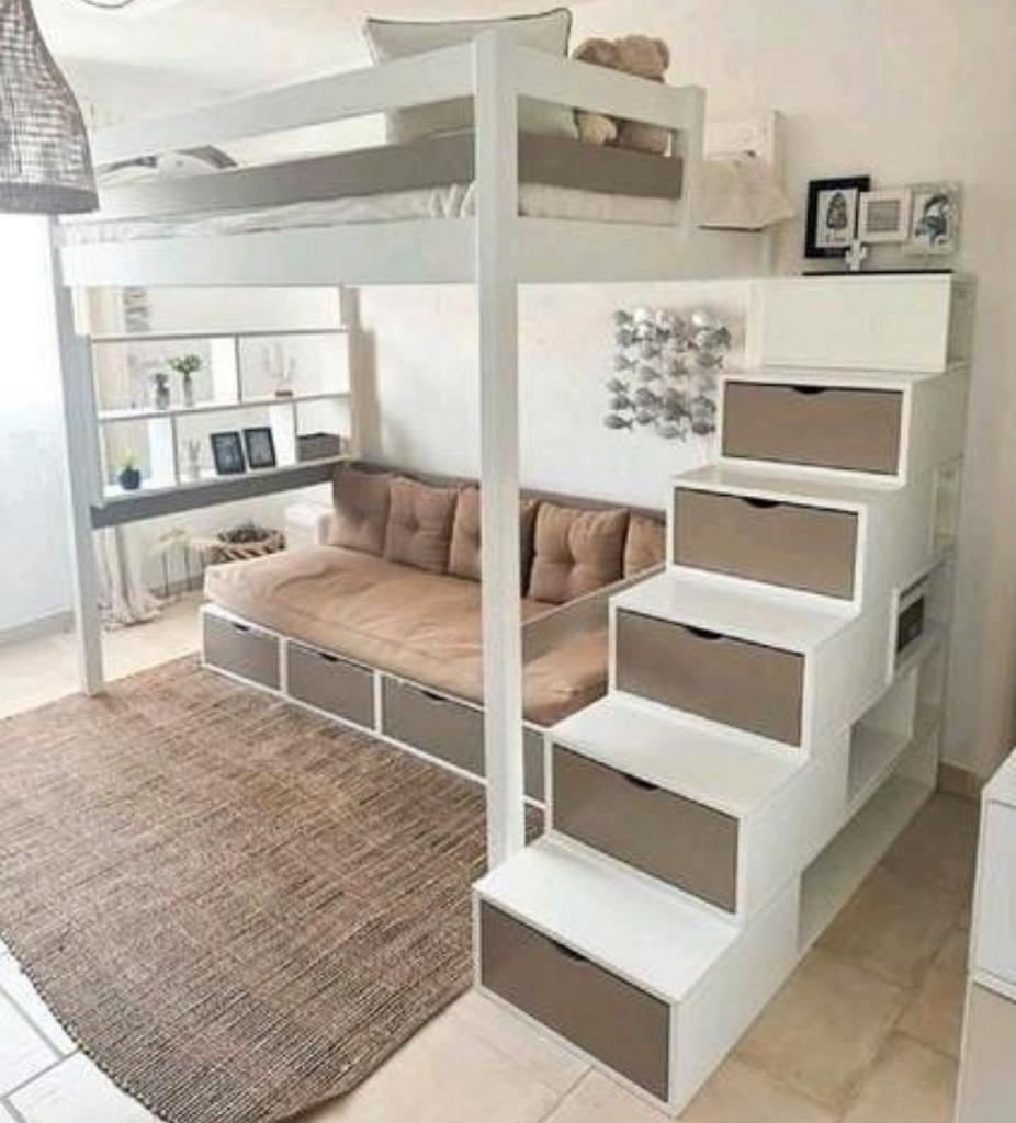 Hoogslaper 120x200 in massief grenen, met kubieke trap, Gebruikt, Hoogslaper