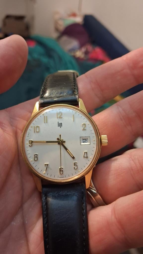 Mechanisch vintage LIP-horloge — Datum — verguld, Handtassen en Accessoires, Horloges | Heren, Goud, Goud, Ophalen of Verzenden