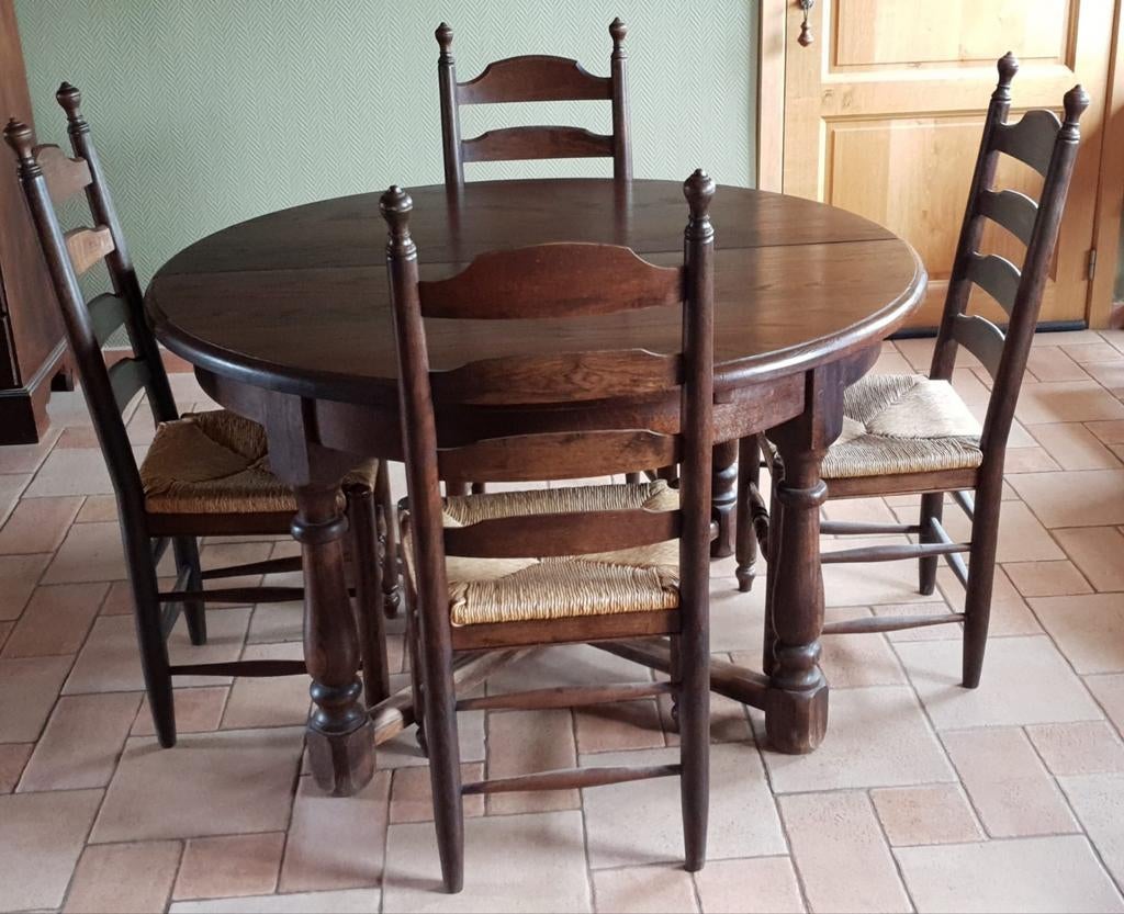 Massief eiken uitschuifbare eettafel inclusief 6 stoelen, Huis en Inrichting, Complete eetkamers, Gebruikt, 4 tot 6 stoelen, Ophalen