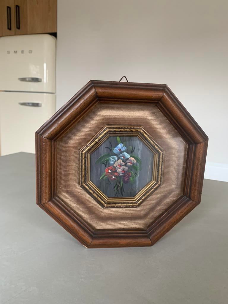Cadre vintage en bois avec verre - peinture nature morte, Enlèvement ou Envoi
