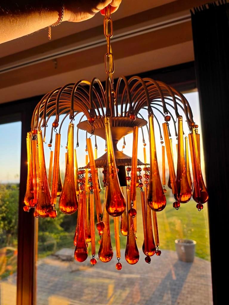 Vintage amberkleurige Murano-watervalkroonluchter in vintage, Antiek en Kunst, Ophalen