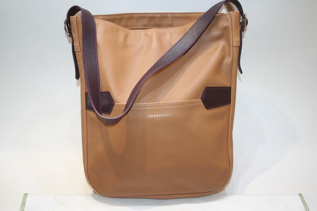 Longchamp sac bandoulière, cuir vachette lisse beige / brun, Autres marques, Cuir, Enlèvement ou Envoi, Beige
