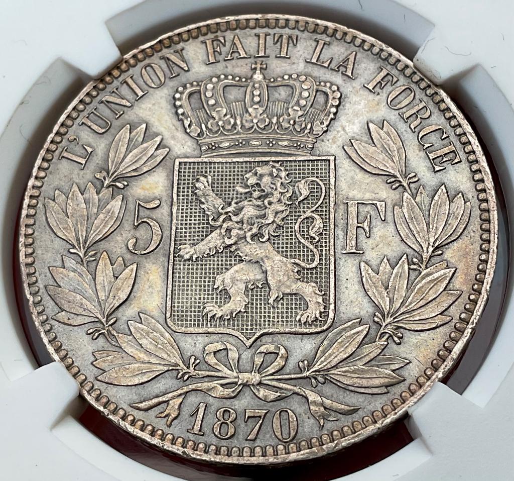 Belgium 5 Francs 1870 AU/UNC Prachtig stuk!!, Verzenden, Zilver, Losse munt, Zilver