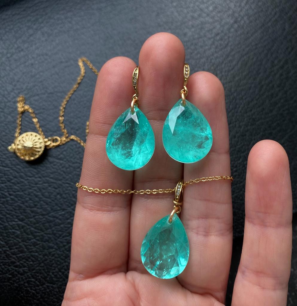 Paraiba parure collier et boucles  plaqué or 18 carats, Enlèvement ou Envoi, Neuf, Vert, Pierre ou Minéral