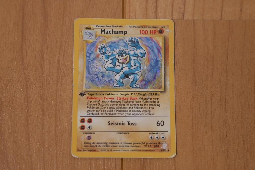 1999 1st edition Machamp Holo zeldzame Shadow misprint, Ophalen of Verzenden, Gebruikt, Losse kaart