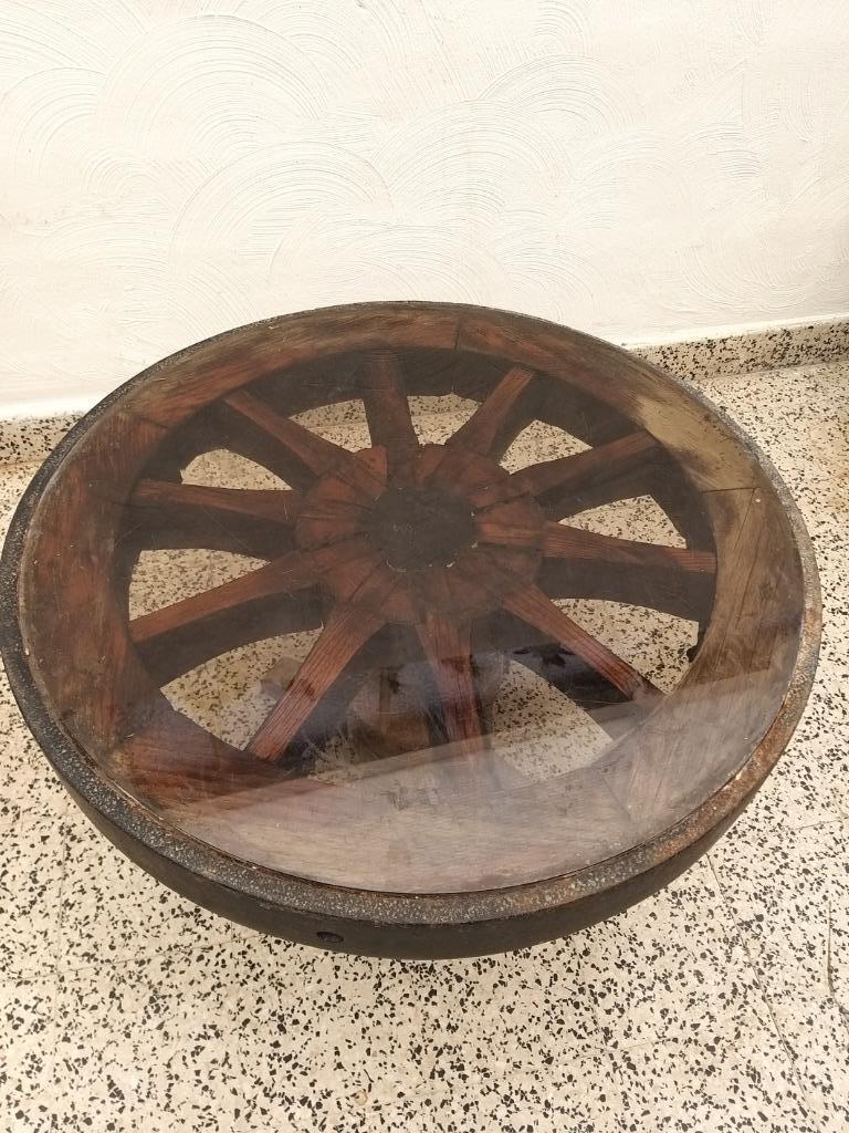rustiek salontafeltje van karrenwiel gemaakt, Ophalen, Gebruikt, Rustiek, Rond
