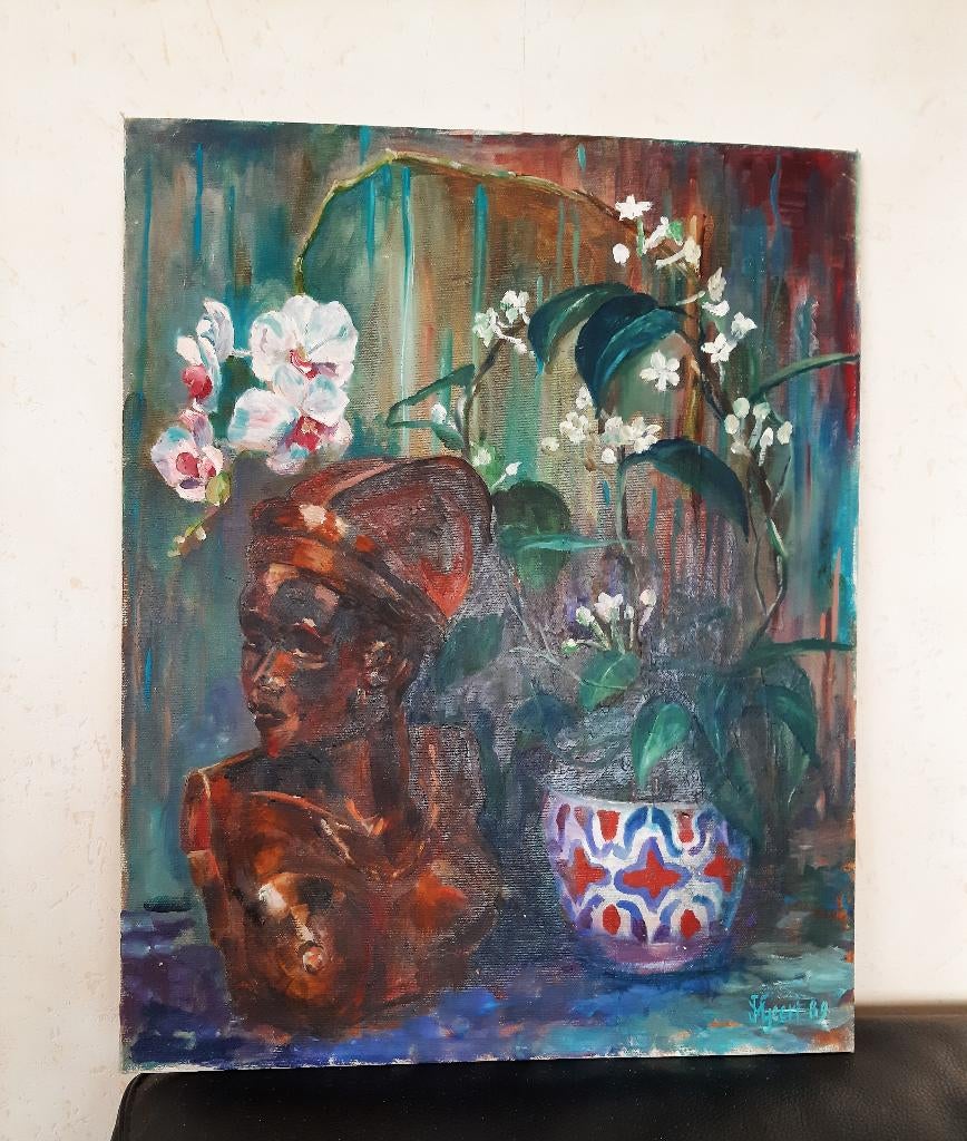 Schilderij Afrikaans? Stilleven met Orchidee-Vaas-Beeld, Antiek en Kunst, Kunst | Schilderijen | Klassiek, Ophalen