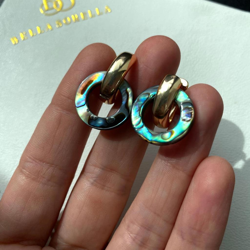 Oorbellen natuurlijke schelp abalone verguld met goud 14K, Ophalen of Verzenden, Nieuw, Blauw, Hangers