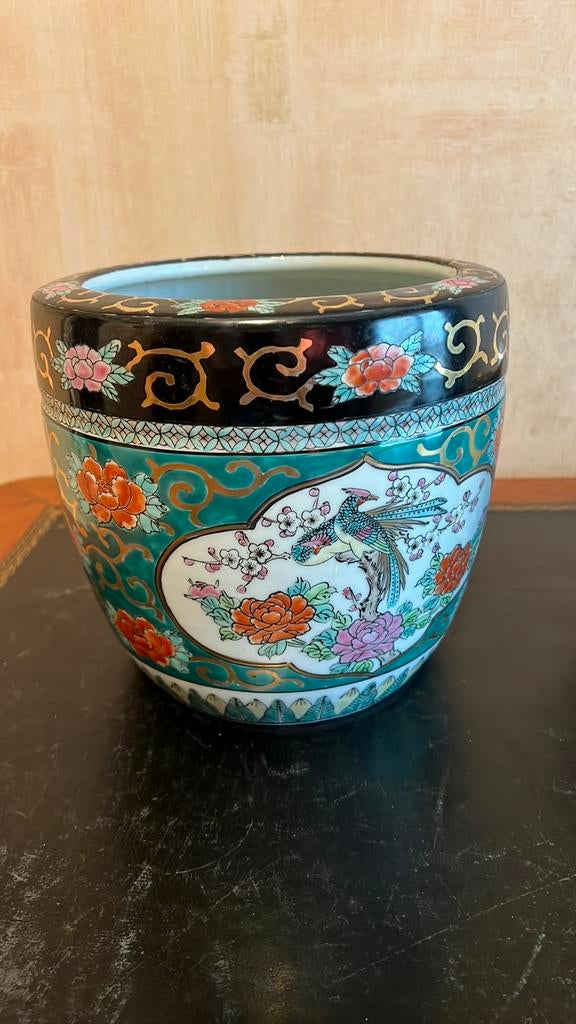 Cachepot met Chinees patroon diameter 16 hoogte 20 cm, Ophalen, Zo goed als nieuw