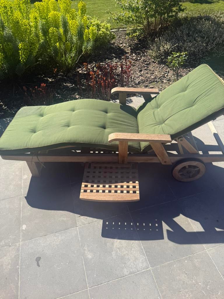 Gloster ligzetel met kussen, Tuin en Terras, Ligbedden, Zo goed als nieuw, Teakhout, Verstelbaar, Verrijdbaar, Ophalen