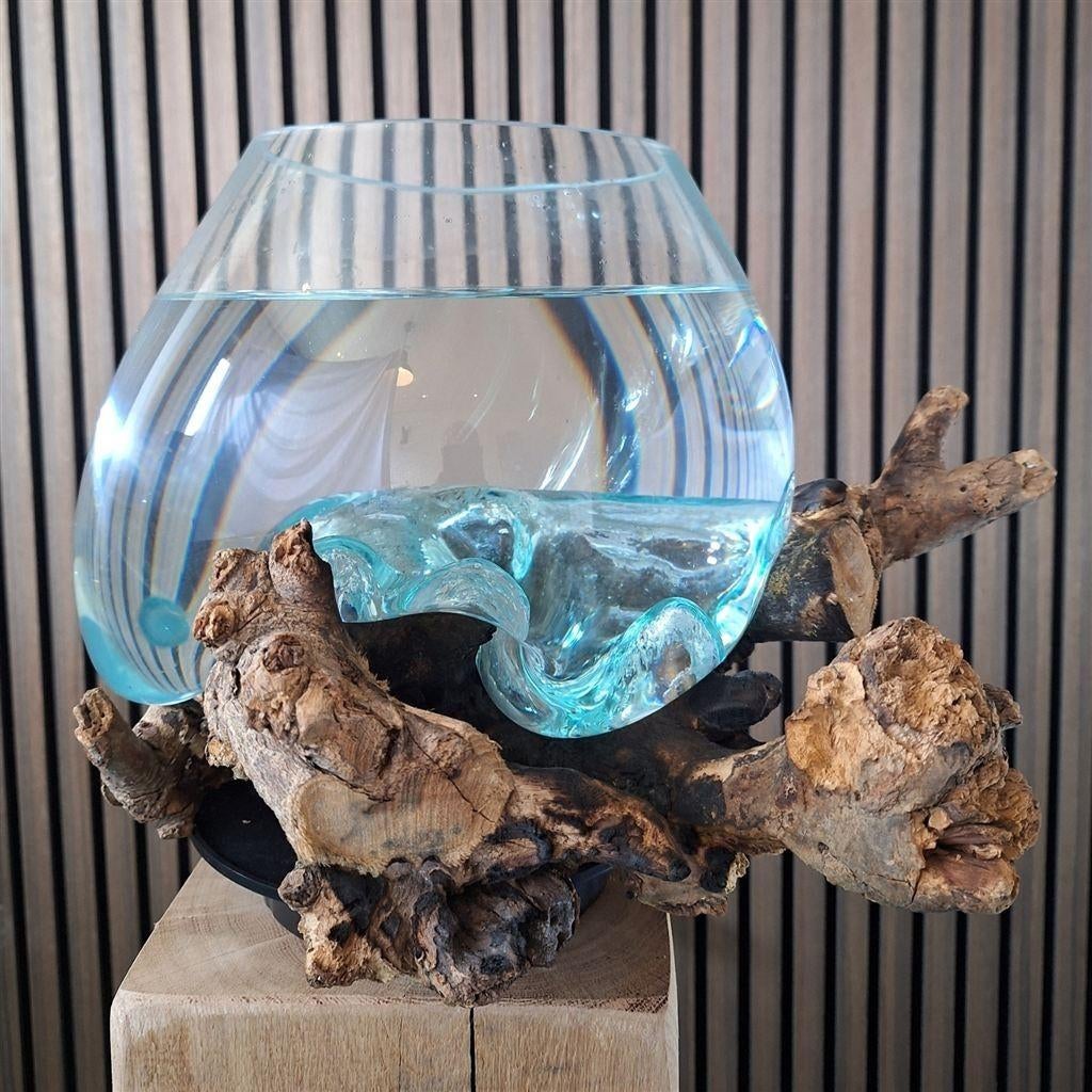 Gegoten vaas op houten stronk - Unieke exemplaren, Huis en Inrichting, Woonaccessoires | Vazen, Ophalen of Verzenden, Nieuw, Glas