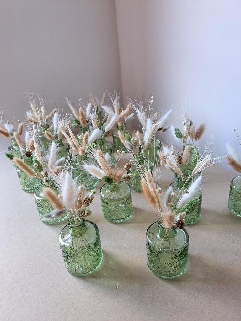10 groene vaasjes met droogbloemen, Huis en Inrichting, Woonaccessoires | Droogbloemen, Ophalen, Zo goed als nieuw
