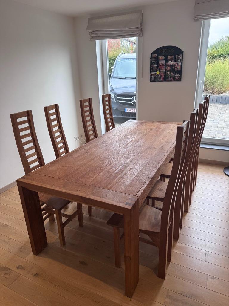 Table + 6x chaises vieux Teck massif ( tres rare ), Teck, Comme neuf, 100 à 150 cm, Enlèvement