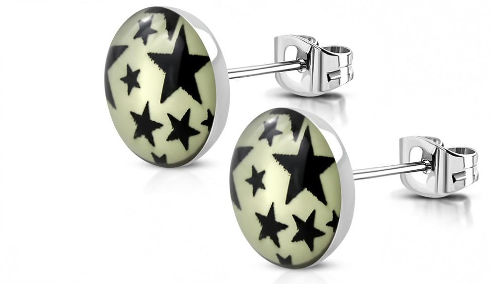 Ronde oorbellen staal wit met zwarte sterren, Ophalen of Verzenden, Nieuw, Wit