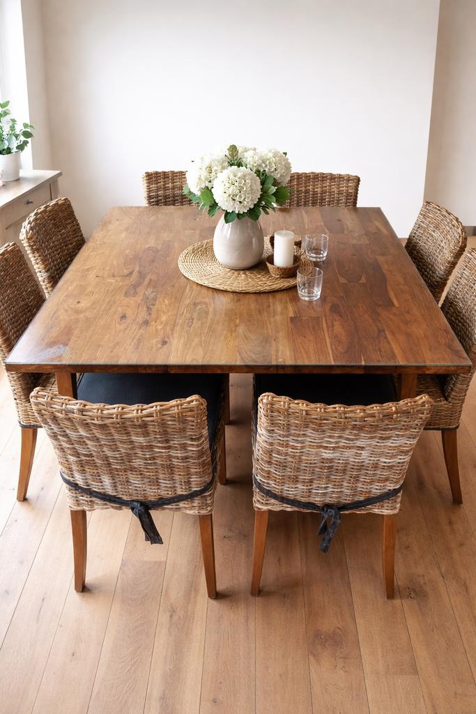 Tafel teak met glazen blad, Huis en Inrichting, Complete eetkamers, Ophalen, Zo goed als nieuw