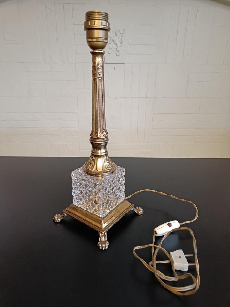 Pied de lampe vintage en laiton/cristal., Maison & Meubles, Enlèvement ou Envoi, Utilisé, Verre, Moins de 50 cm